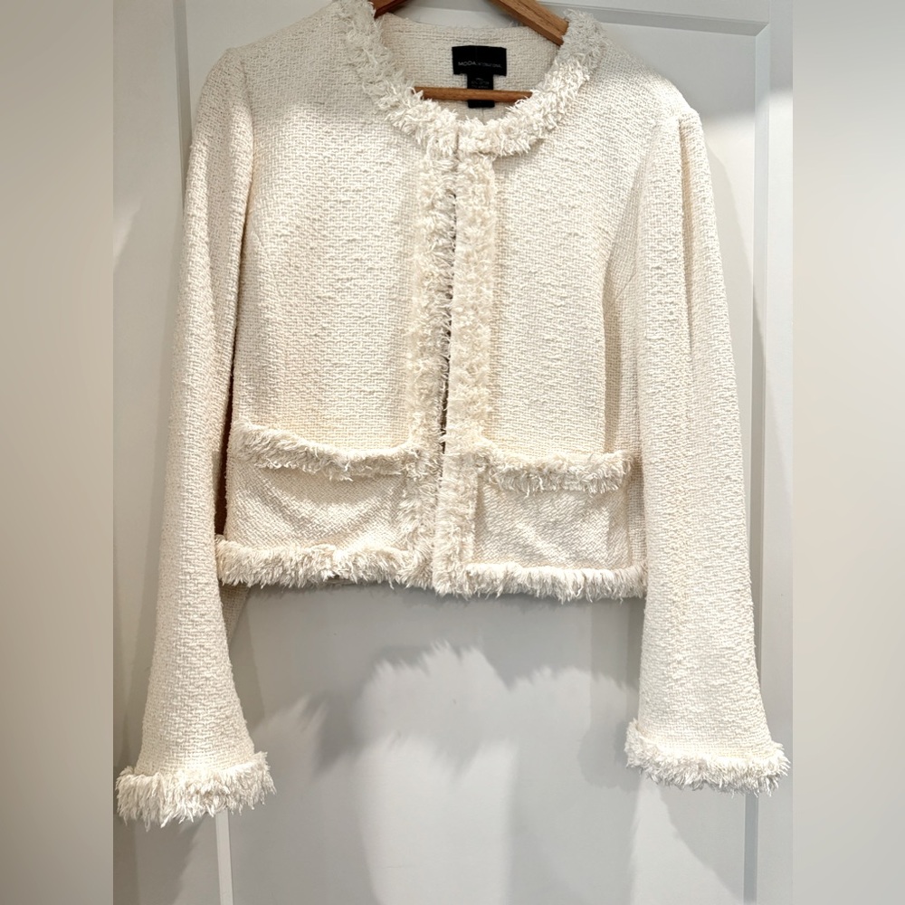 Moda International Cream Fringe Trim Tweed Jacket